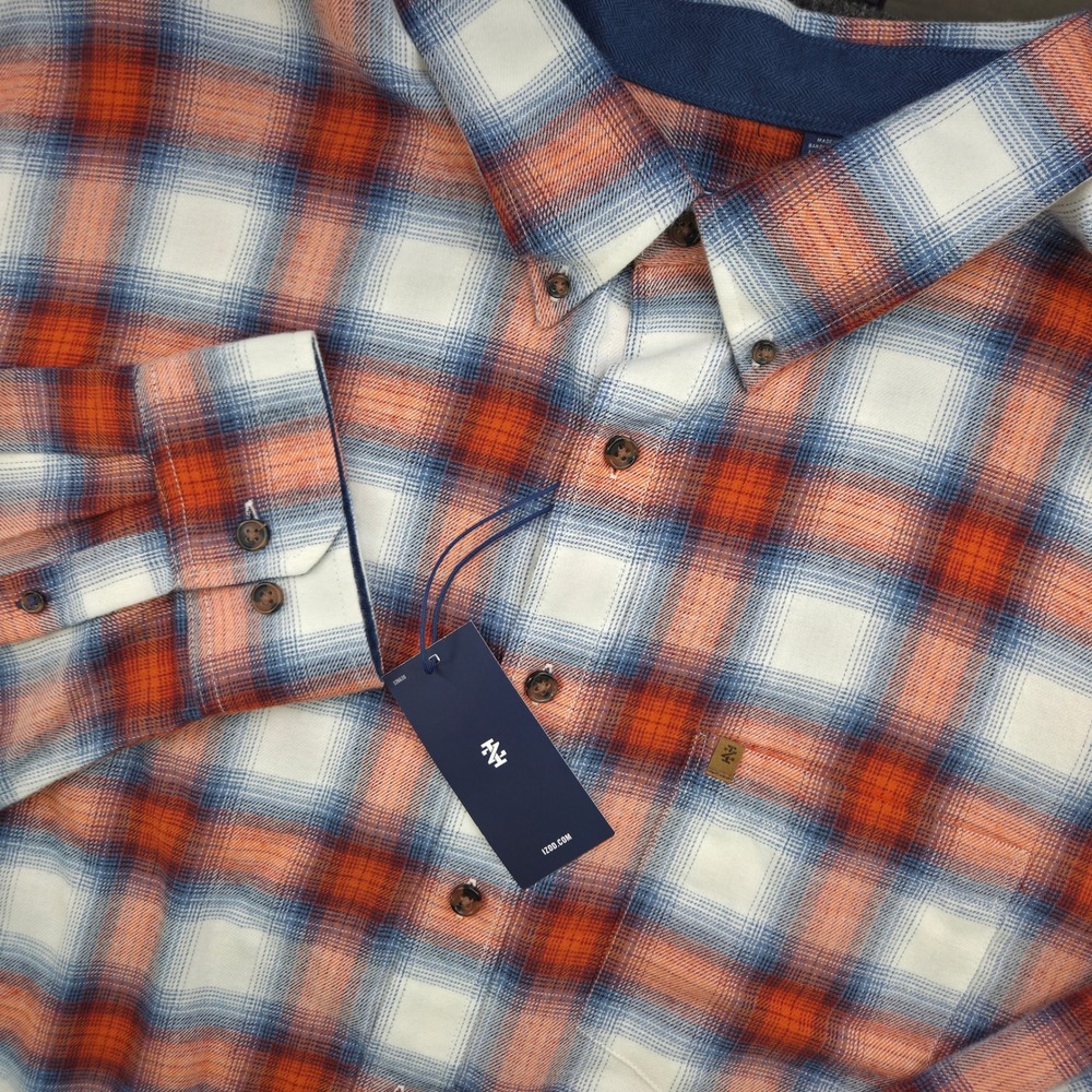 IZOD Mens 3XLT Orange Blue Plaid Blend Stratton Flannel Shirt Big & Tall NWT
